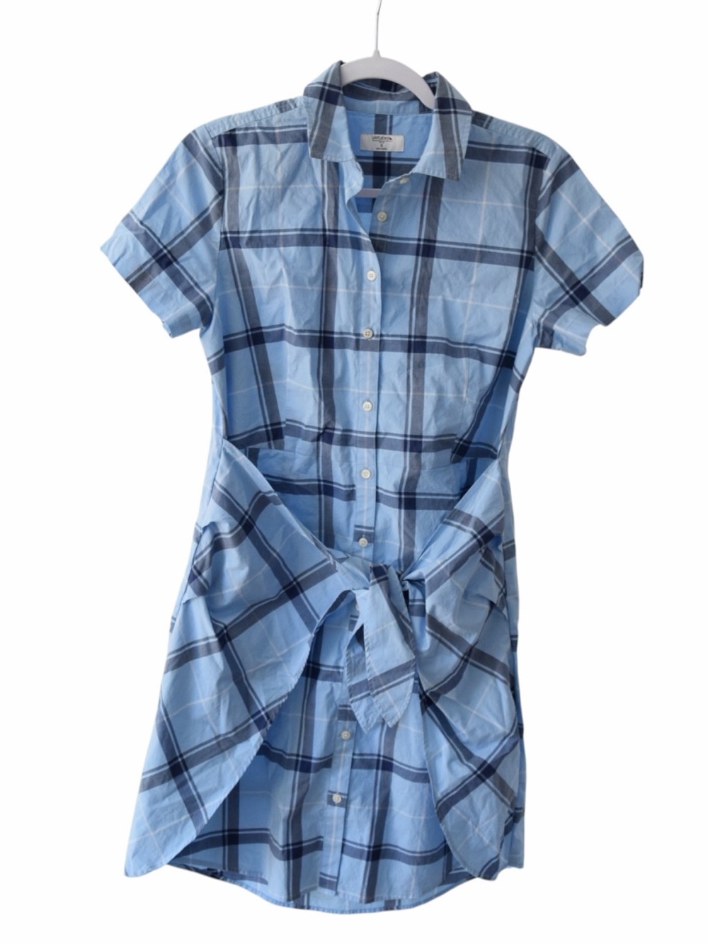 UntuckIt For Her Size 6 Blue Plaid Tie Waist Shirt Dress Stretch Cotton Caroline